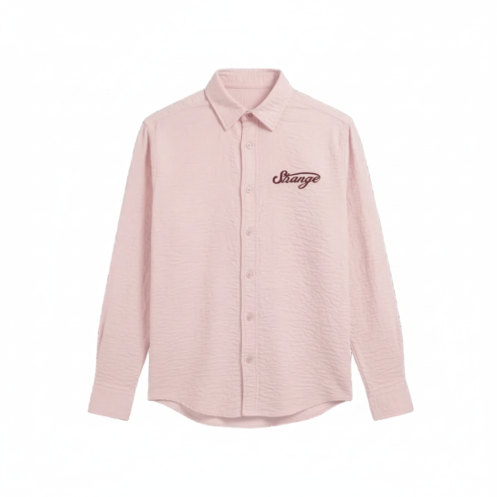 Pink button-up shirt with 'Strange' logo on a white background