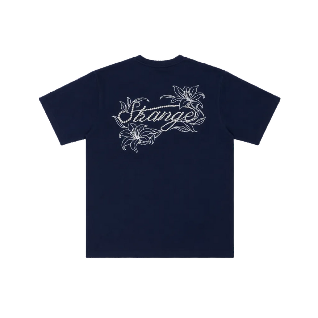 Navy blue t-shirt with white floral and script design on a white background