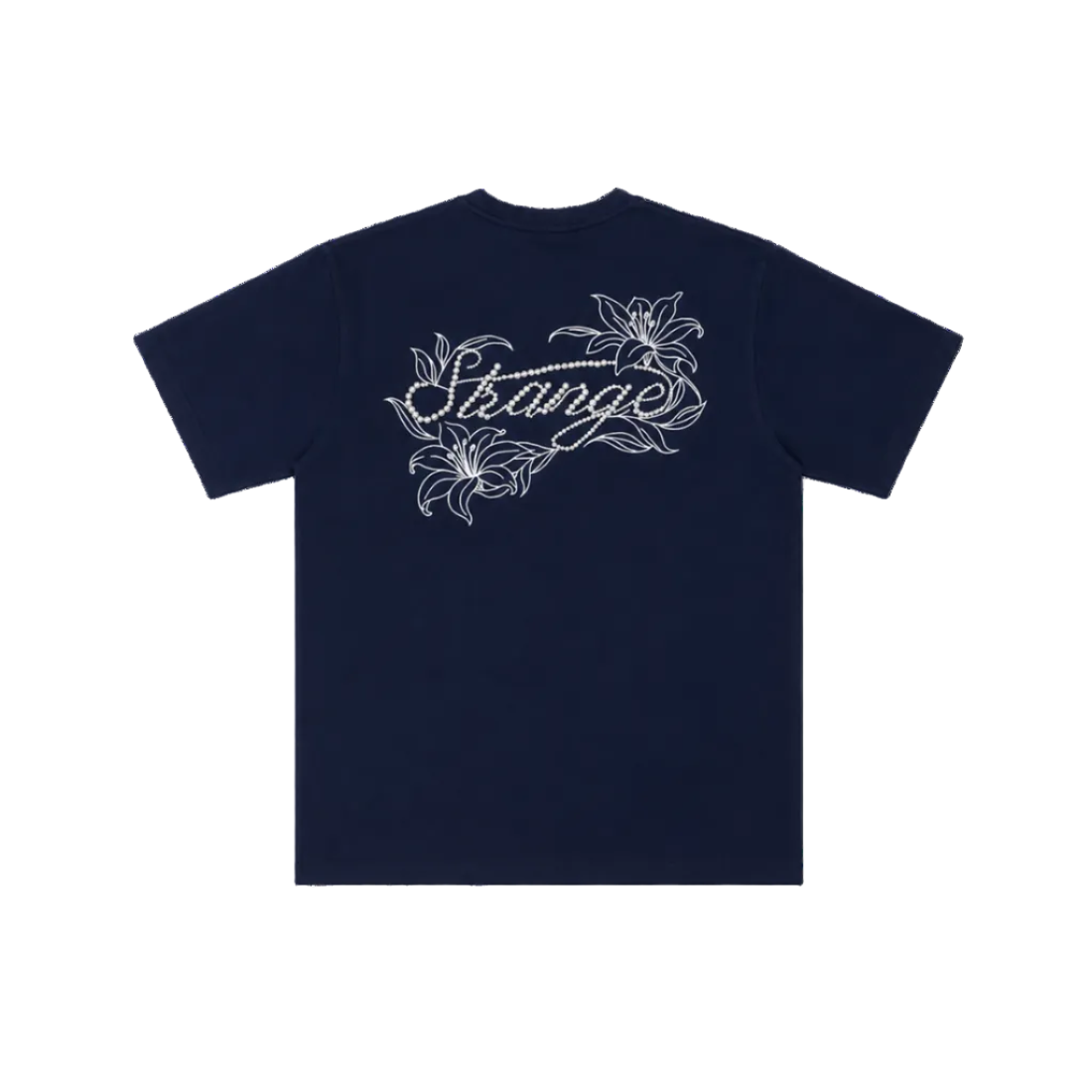 Navy blue t-shirt with white floral and script design on a white background