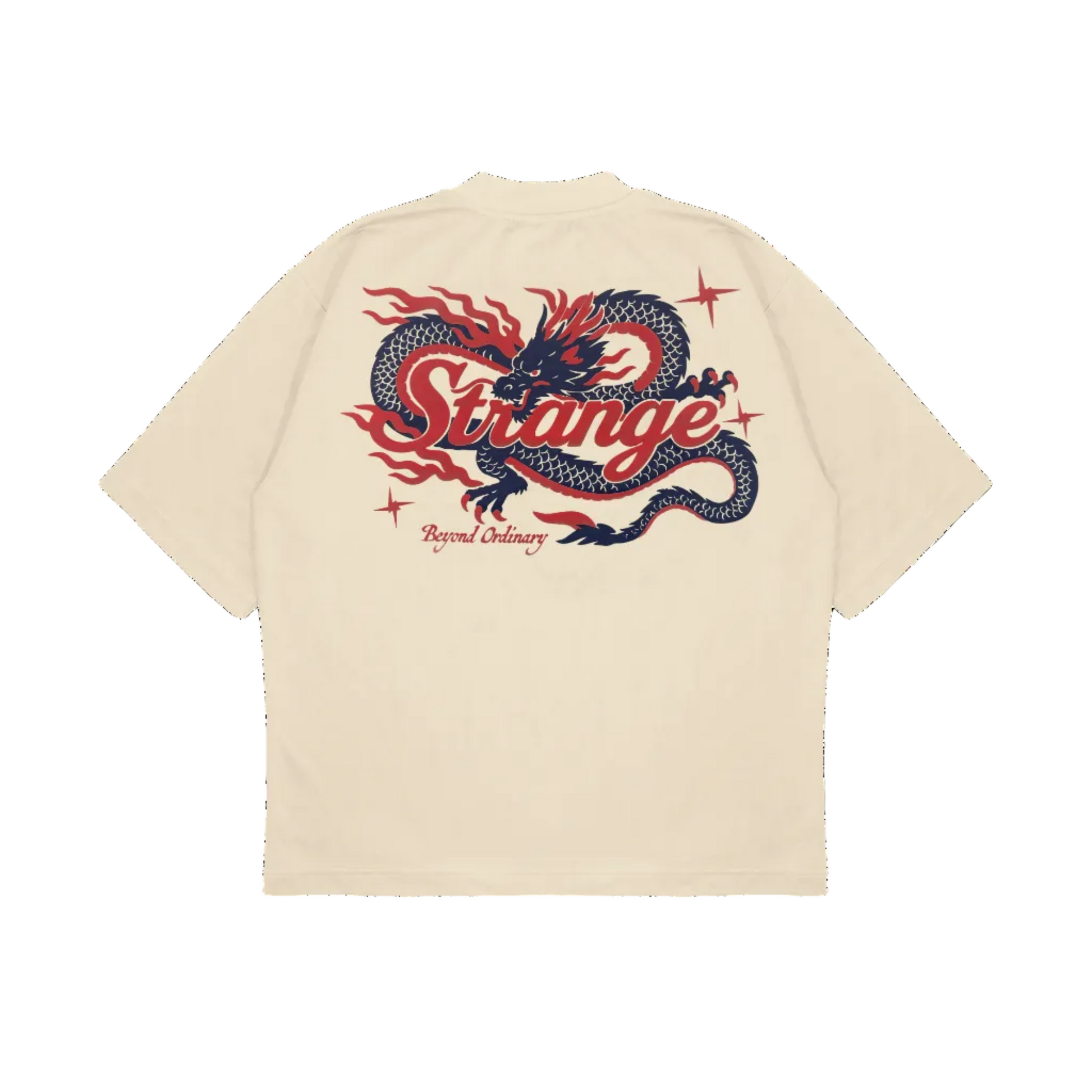 Beige t-shirt with a red and blue dragon design and 'Strange' text on the back.