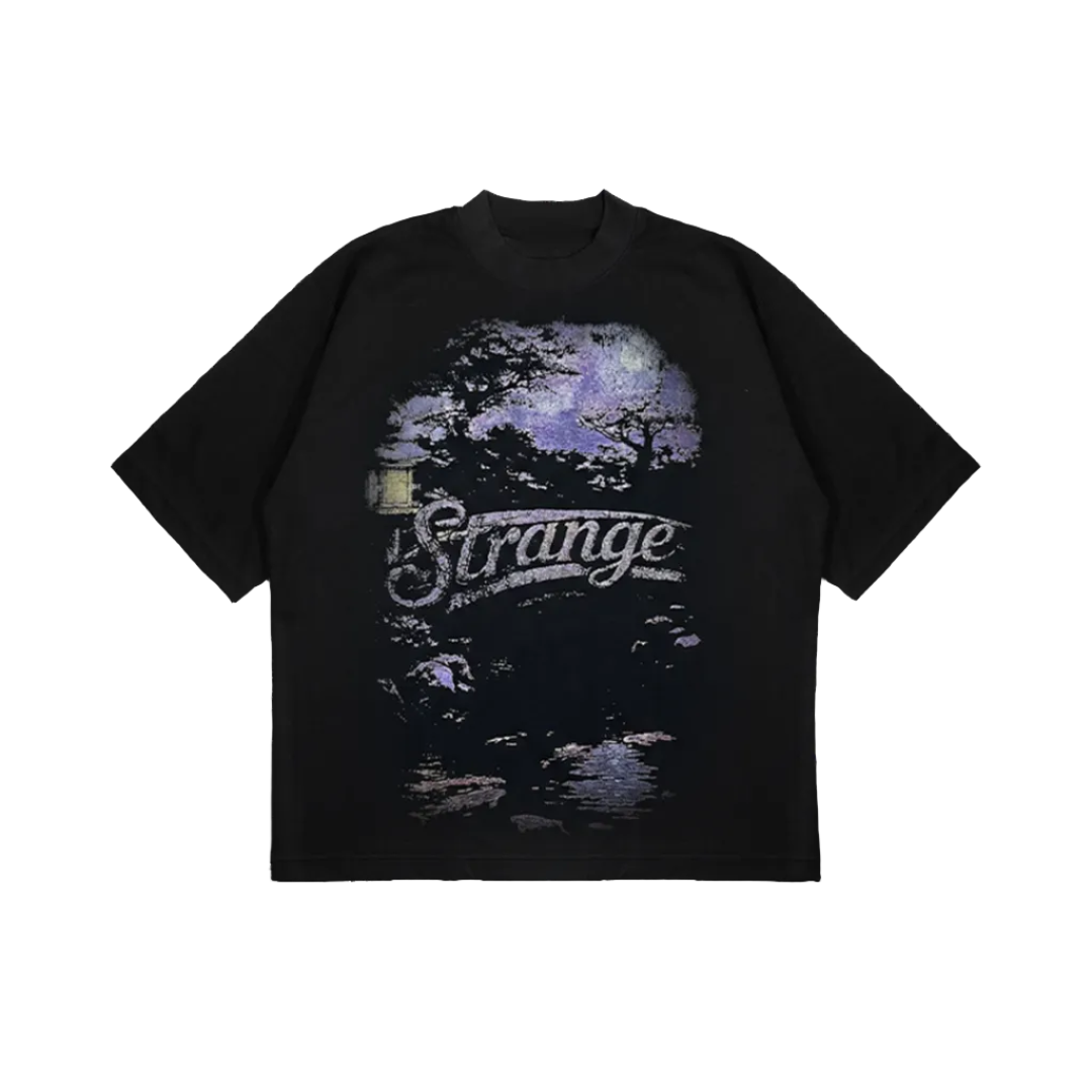 Black t-shirt with a graphic design and the word 'Strange' on a white background