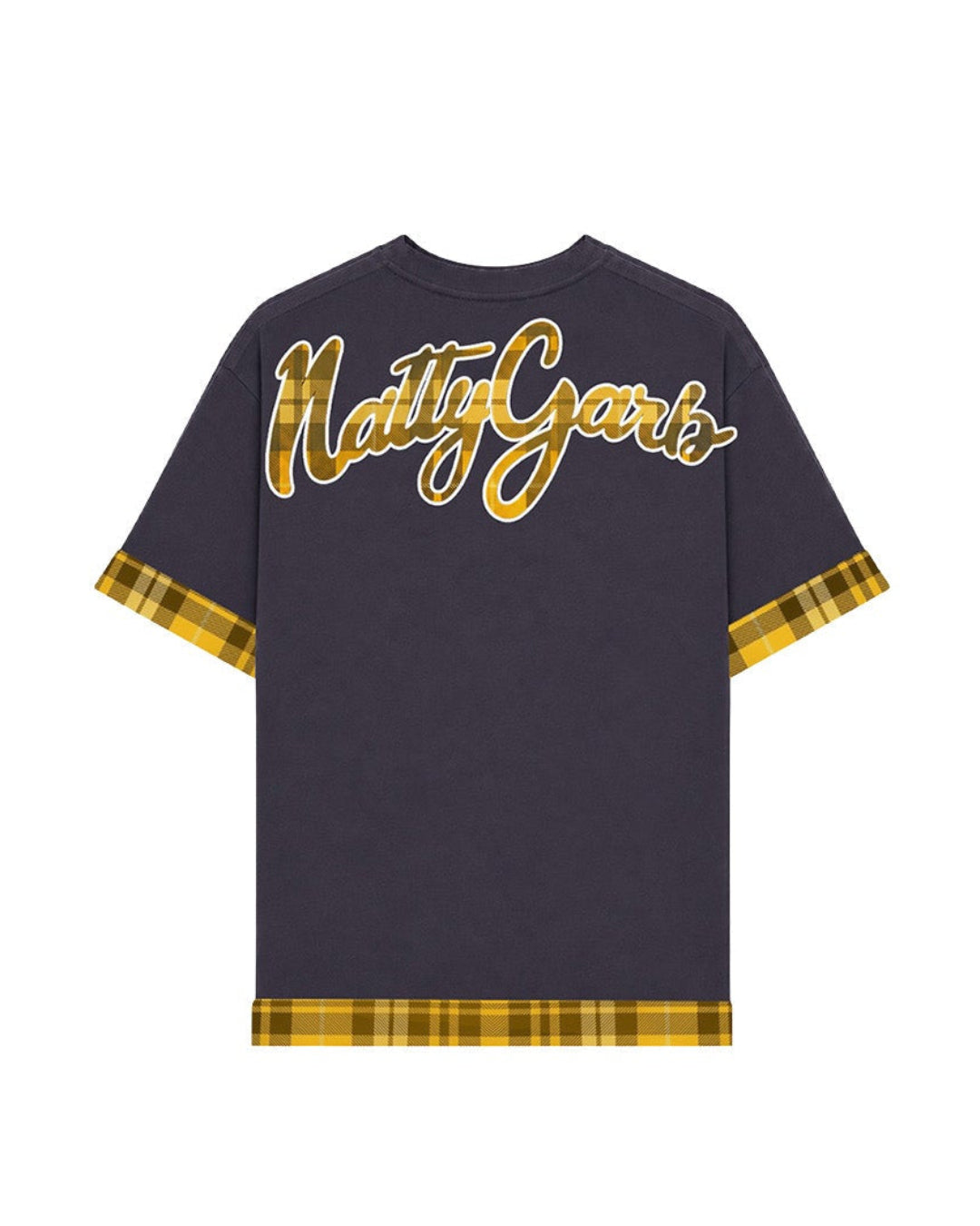 A dark gray short-sleeve t-shirt with 'Matthy Garb' written in a yellow and white plaid script across the chest, featuring yellow and black plaid trim on the sleeves and hem.