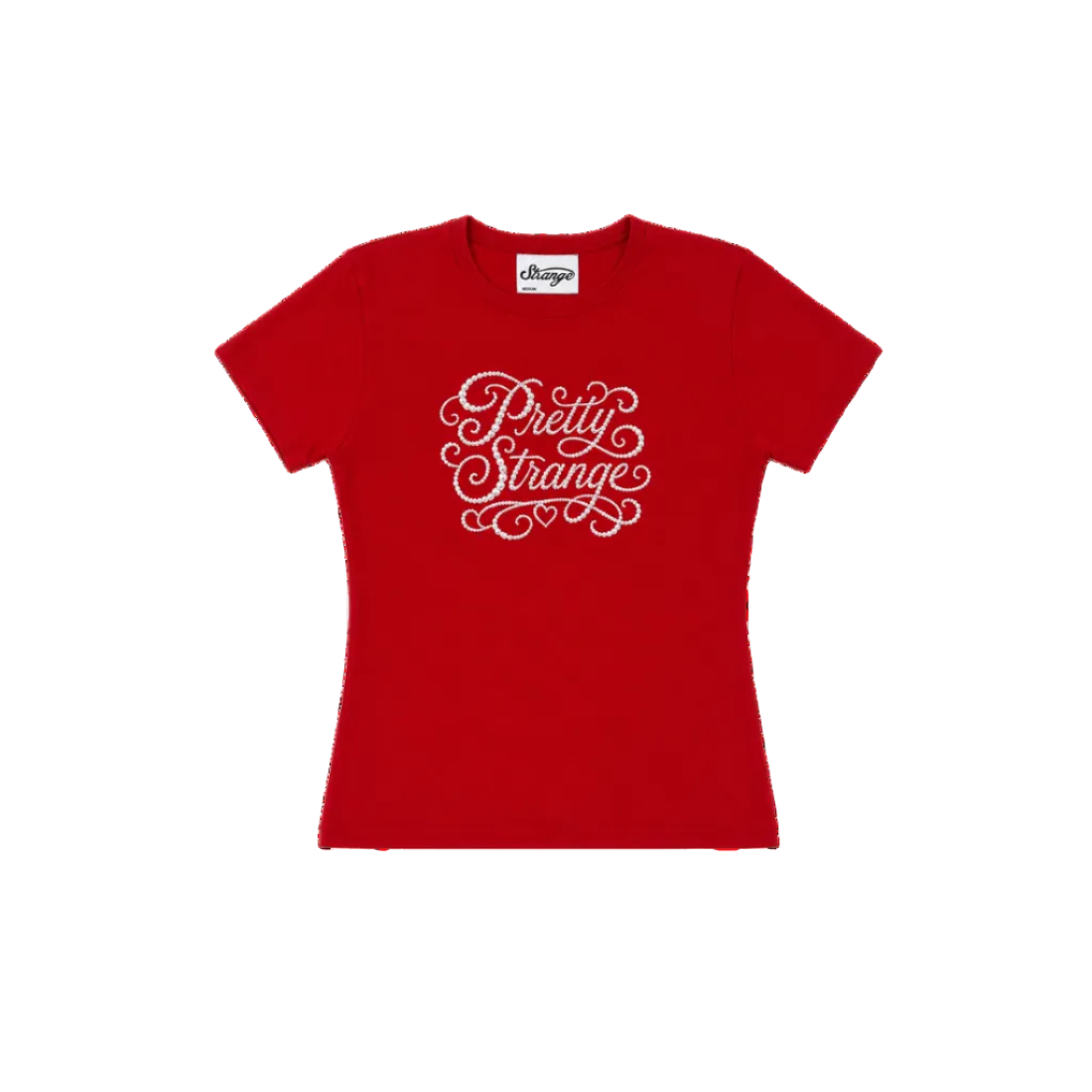 Red t-shirt with 'Pretty Strange' text on a white background
