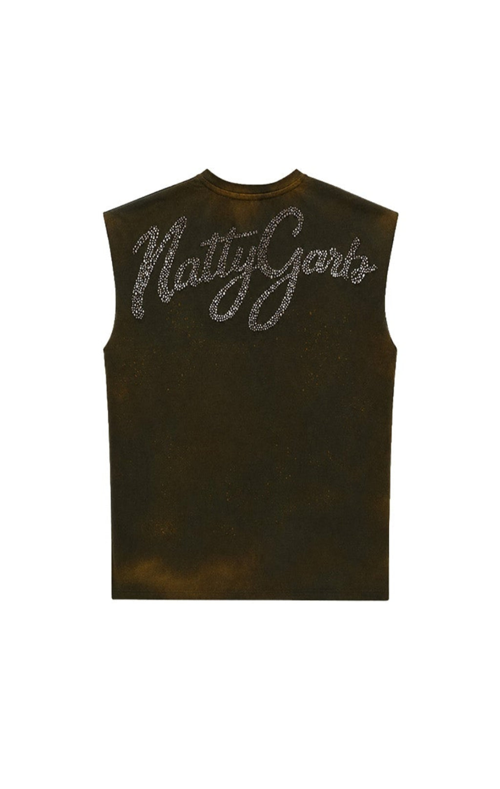 A sleeveless dark brown tank top with a distressed finish, featuring 'Natty Garfield' printed across the chest in a silver glittery script, shown against a plain white background.