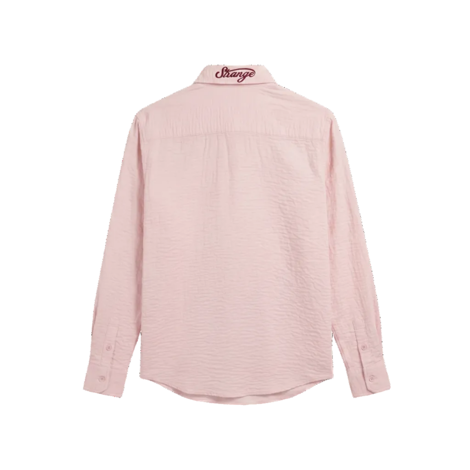 Pink shirt with a brand logo on the collar against a white background