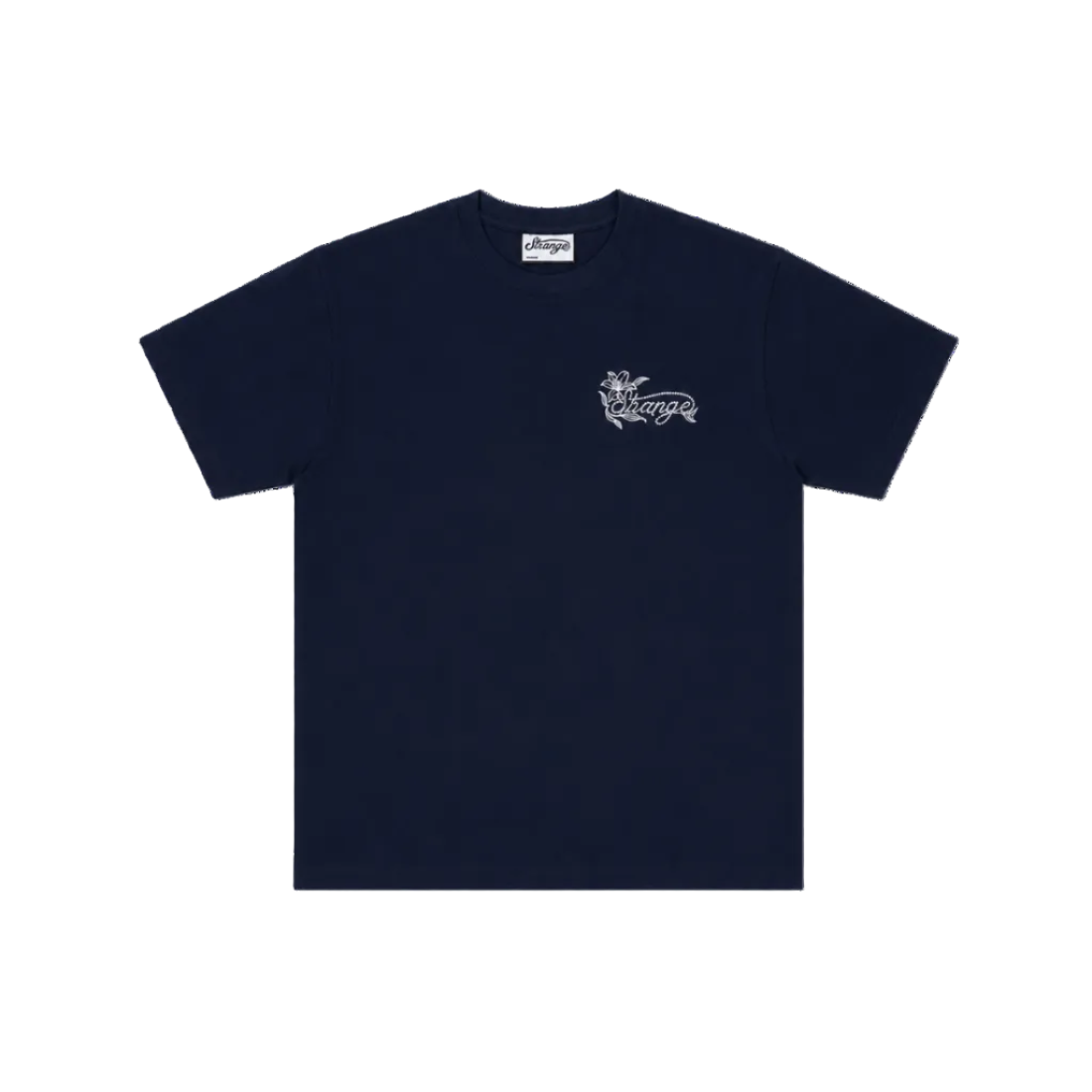 Navy blue t-shirt with a small logo on the chest against a white background