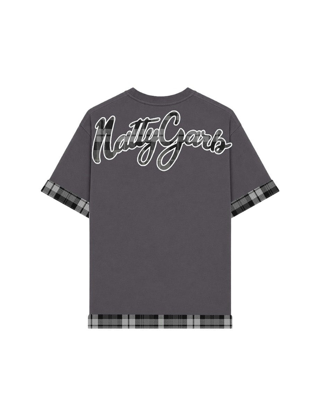 A dark gray short-sleeve t-shirt with 'Natty Garb' written in white script across the chest, featuring a black and white plaid pattern on the sleeve cuffs and bottom hem.